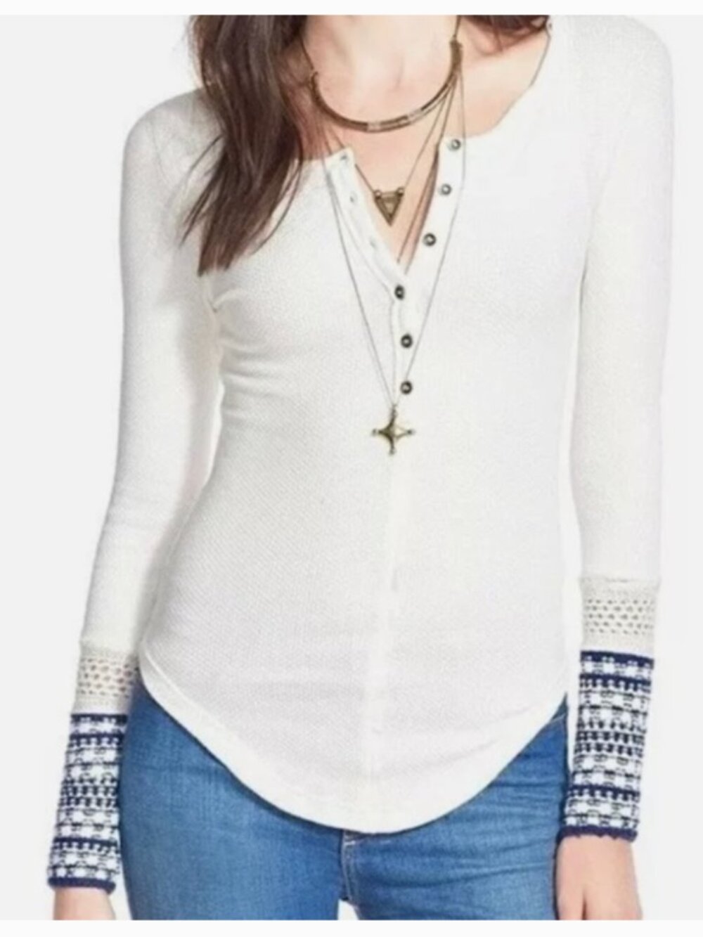 Free People Newbie Ski Lodge Crochet Cuff Knit Thermal Henley XS